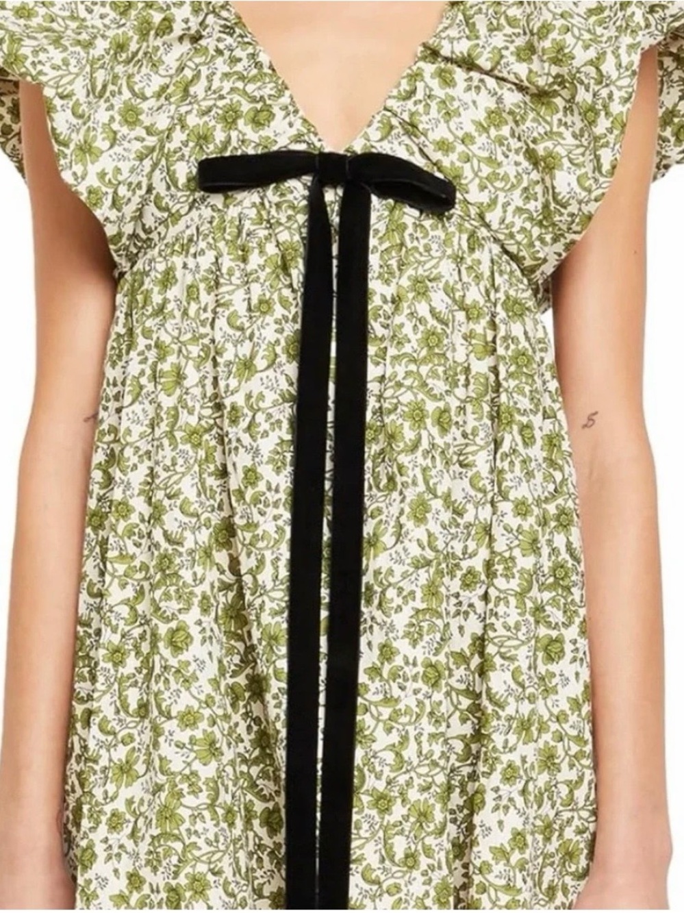 Floral V-Neck Dress with Black Velvet Tie